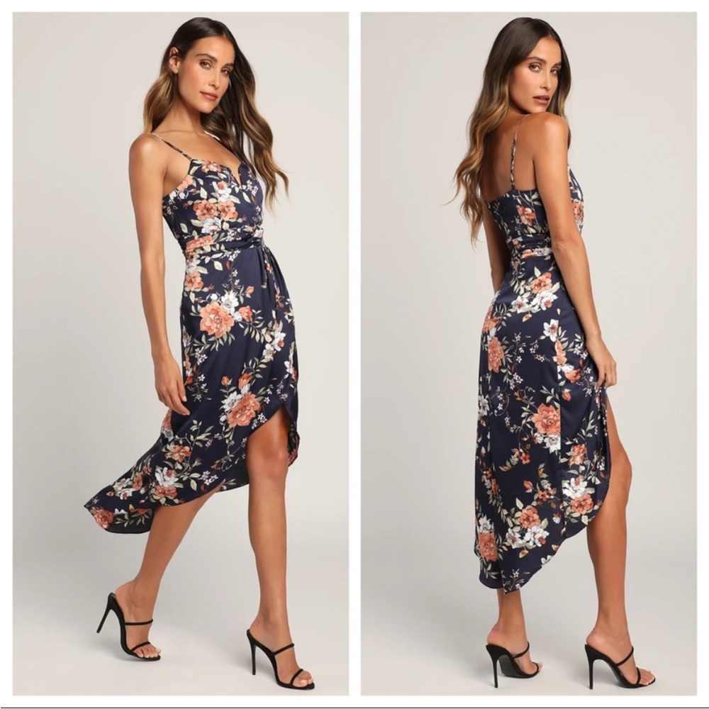 NWT Lulus My Favorite Day Navy Blue Floral Print Tulip Skirt Midi Dress S